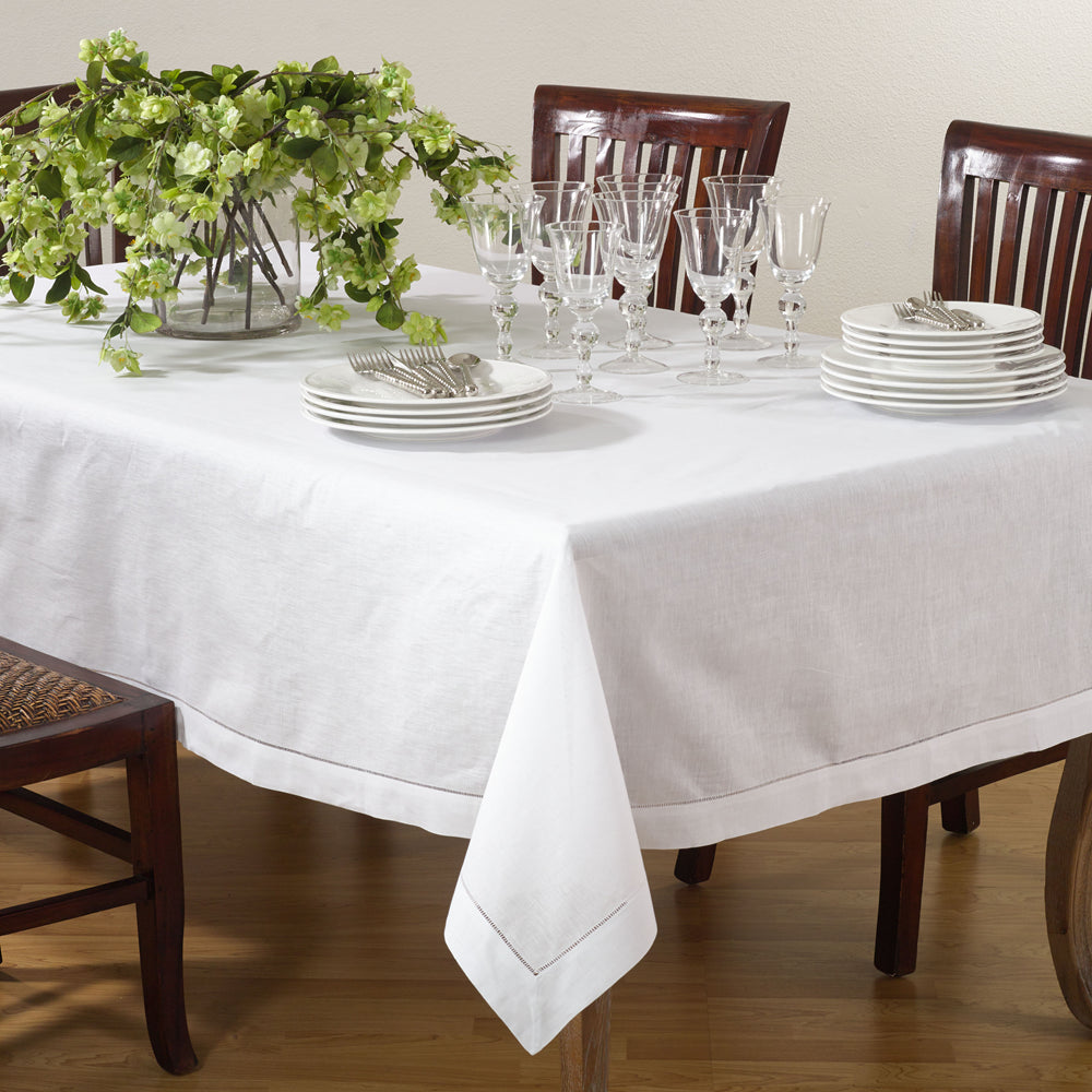 Hemstitched White Cotton/Linen Tablecloth