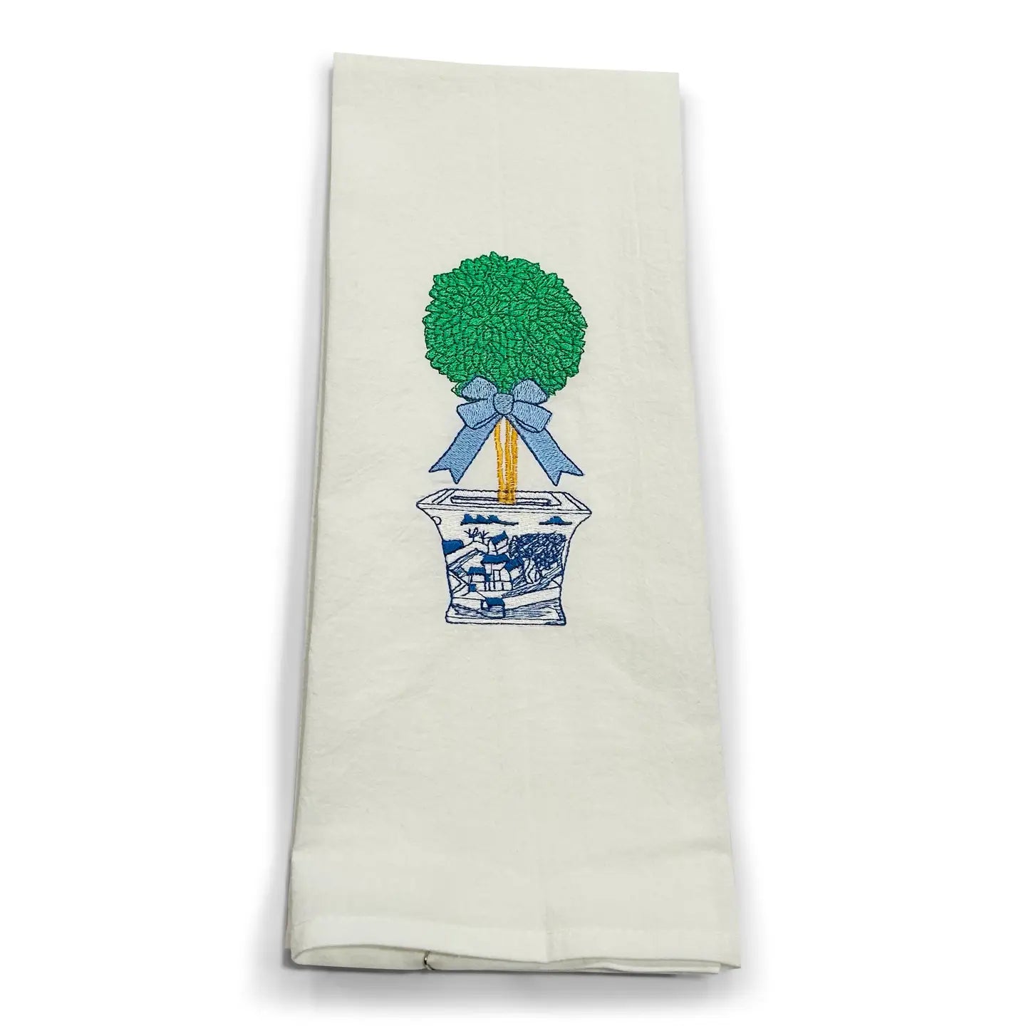 Tea Towel — Topiary with Blue Bow On White