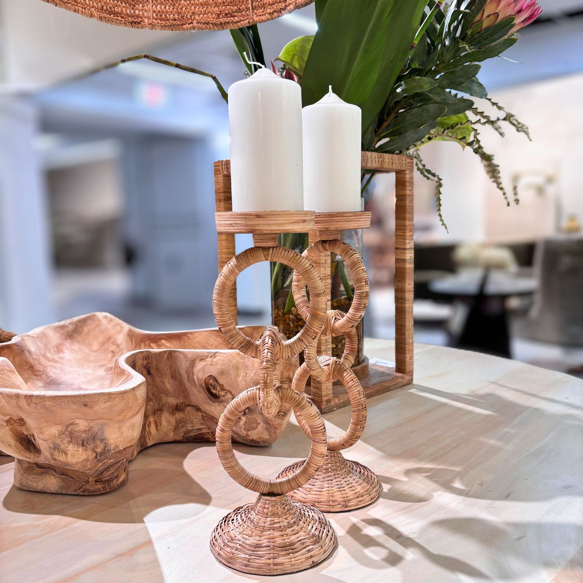 Rattan Pillar Candlesticks - Pair