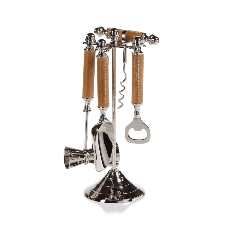 Polished Nickel & Leather Bar Tool Set