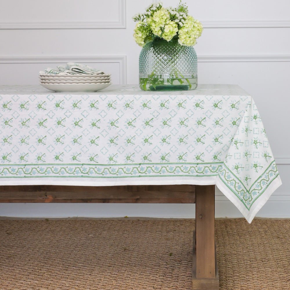 India Hicks Cuban Flower Palladian Blue & Soft Sage Tablecloth