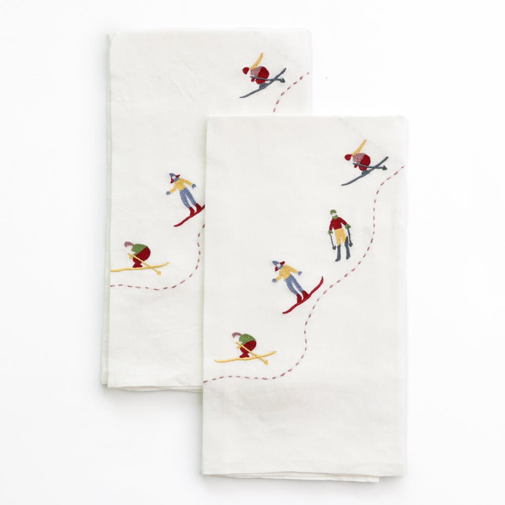 Skiers Embroidered Linen Tea Towels