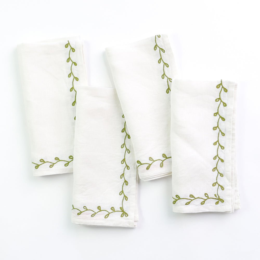 Twig & Bud Moss Embroidered Linen Napkin | Set of 4