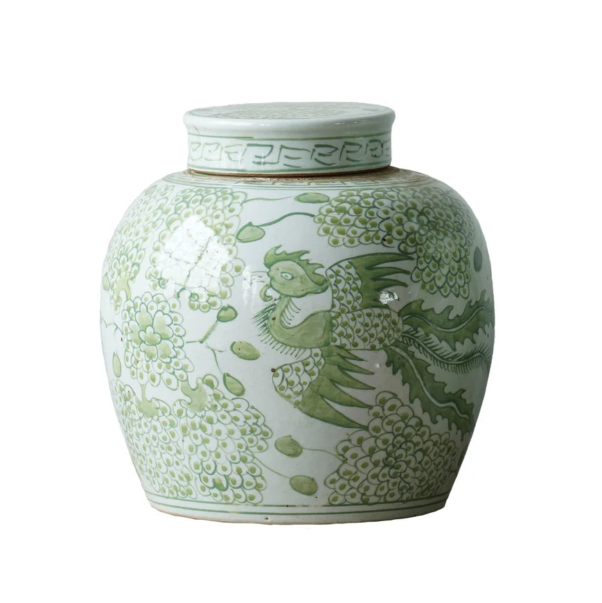 Hand Painted Ginger Jar Green With Bird