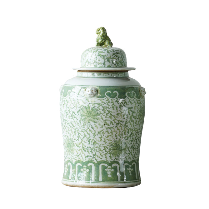Jingdezhen Hand-Painted Temple Jar, Green w. Flower, Small