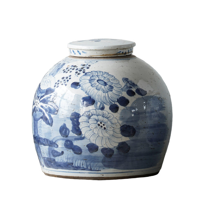 Hand Painted Tea Jar Lotus with Flower (Blue)