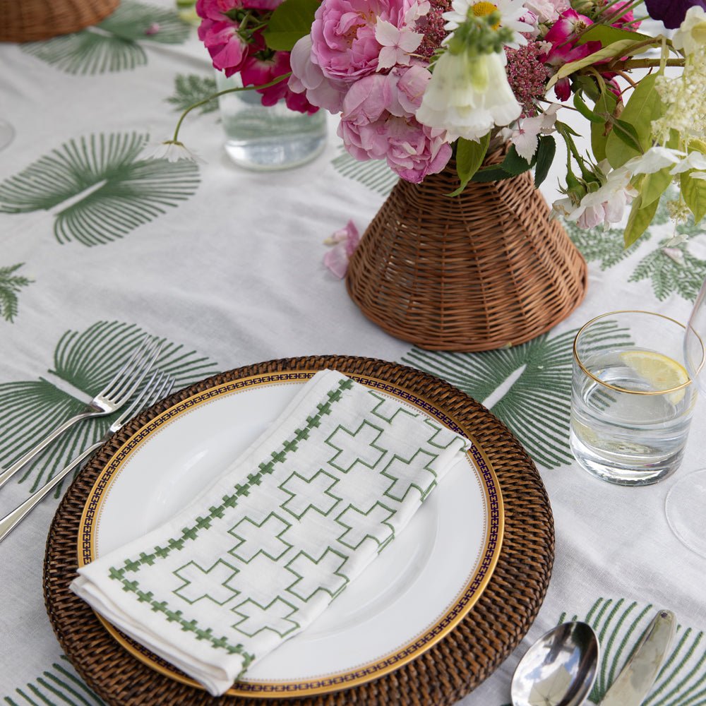 India Hicks Embroidered Grand Cross Soft Sage Napkins | Set of 4
