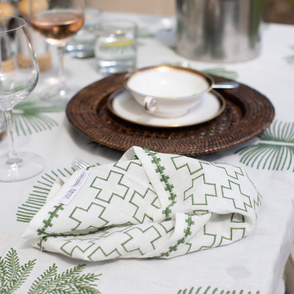 India Hicks Embroidered Grand Cross Soft Sage Napkins | Set of 4