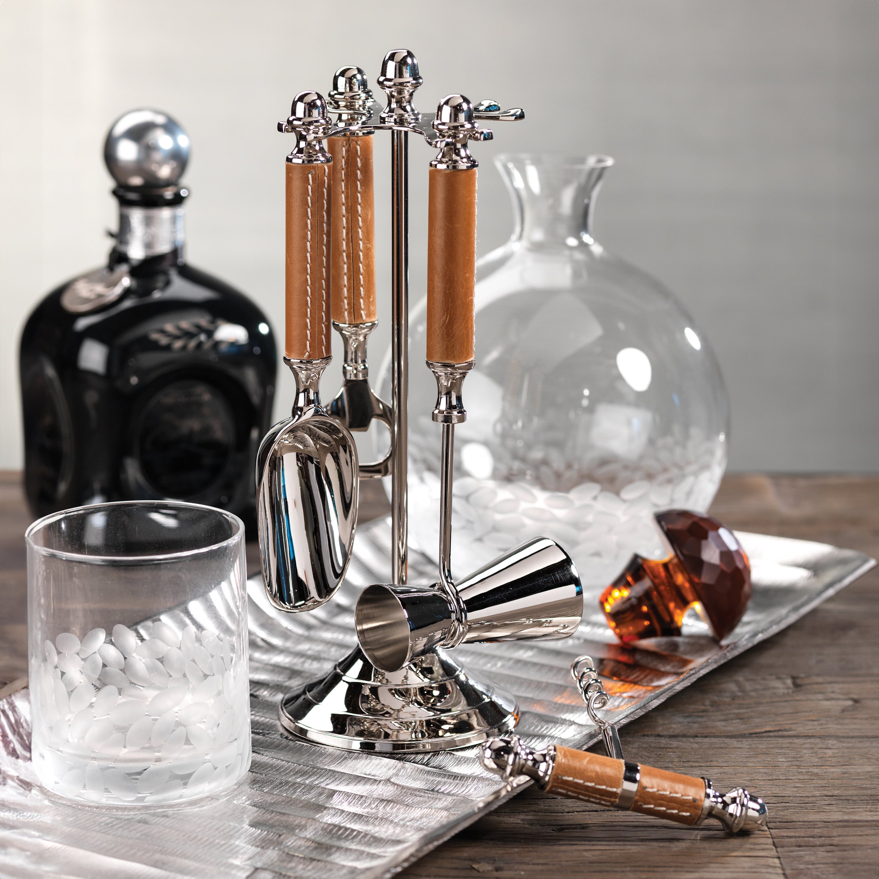 Polished Nickel & Leather Bar Tool Set