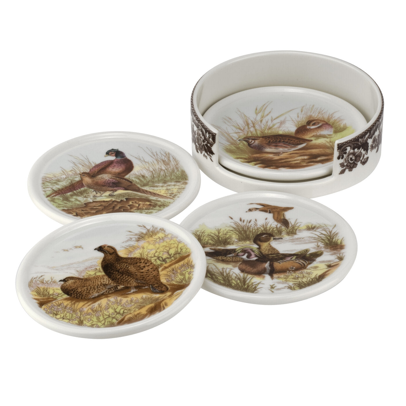 Spode Woodland - 4 Piece Ceramic Coaster Set with Holder