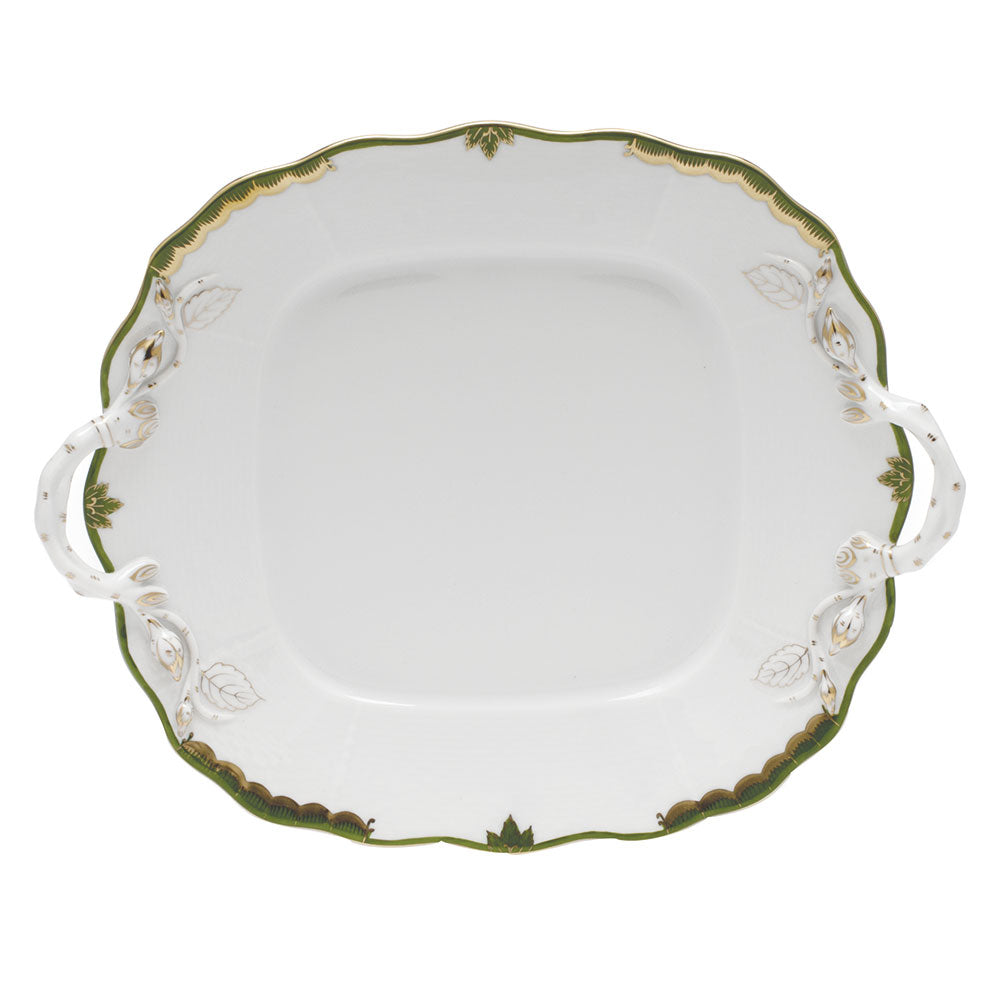Herend Princess Vict Dark Green Square Cake Plate W/handles 9.5"sq - Dark Green