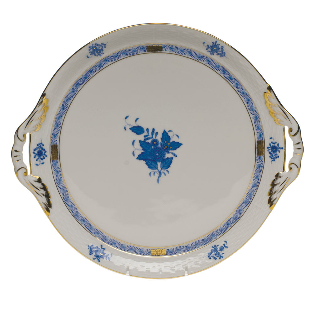 Herend Chinese Bouquet Blue Round Tray W/handles 11.25"d - Blue