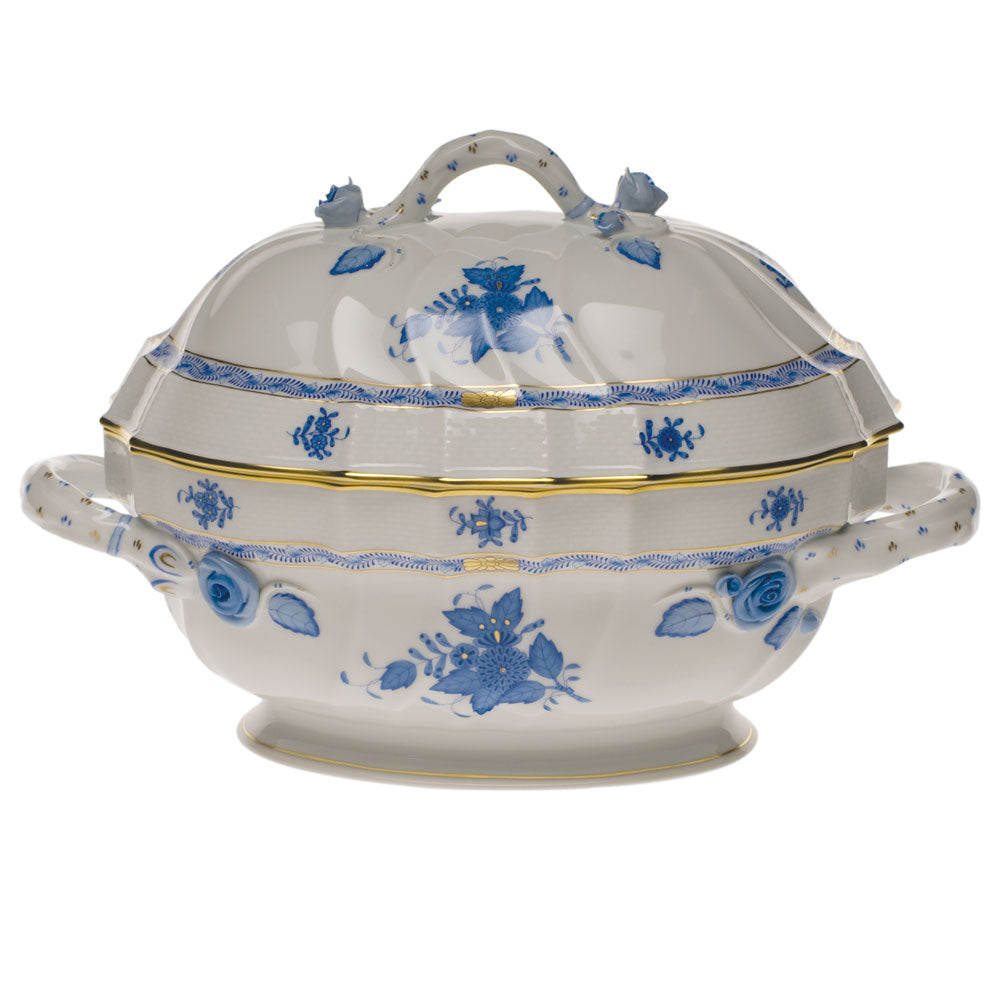 Herend Chinese Bouquet Blue Tureen W/branch (2 Qt) 9.5"h - Blue