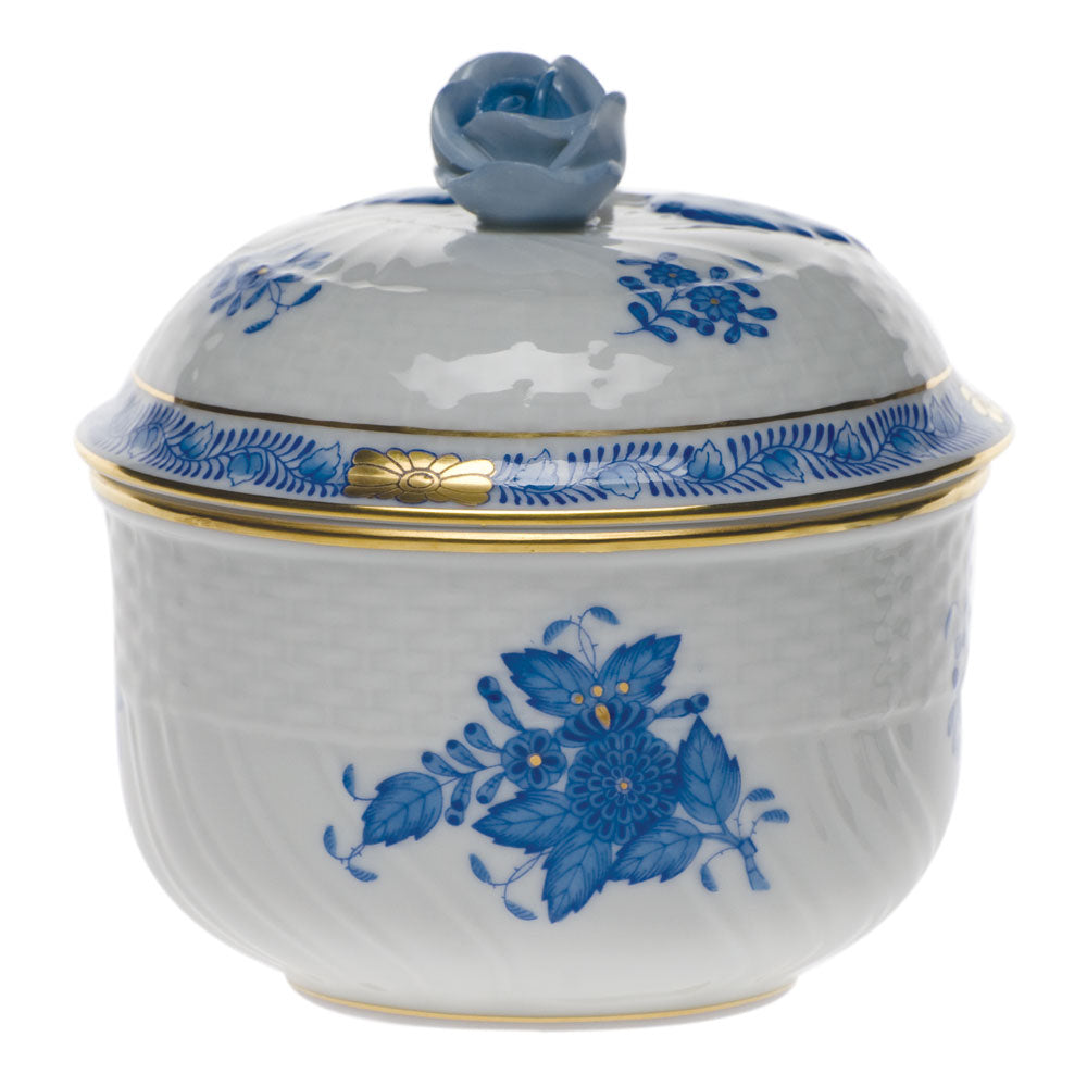 Herend Chinese Bouquet Blue Cov Sugar W/rose (6 Oz) 4"h - Blue