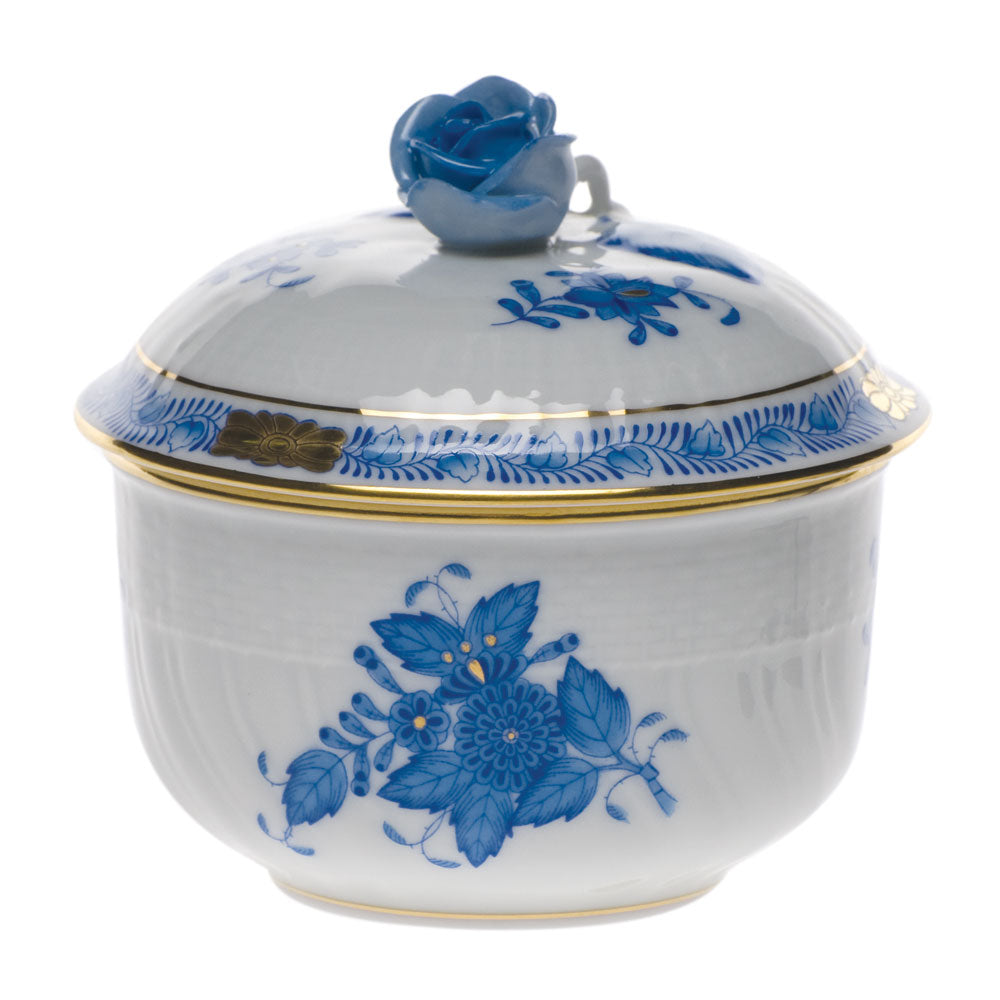 Herend Chinese Bouquet Blue Cov Sugar W/rose (4 Oz) 3.25"h - Blue