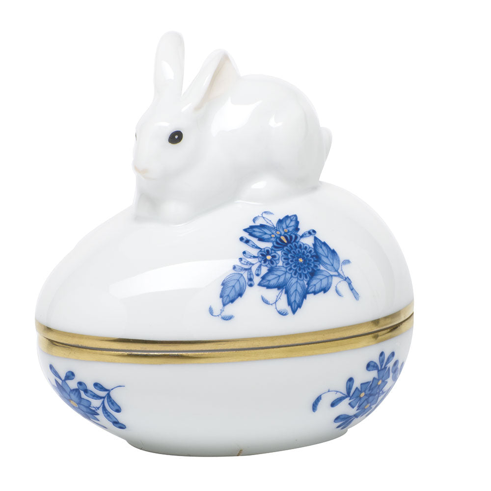 Herend Chinese Bouquet Blue Egg Bonbon W/bunny 3"l X 3"h