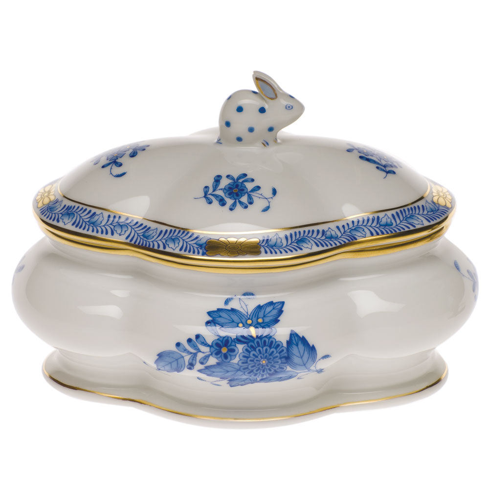 Herend Chinese Bouquet Blue Cov Bonbon W/bunny 5"l X 4"h - Blue