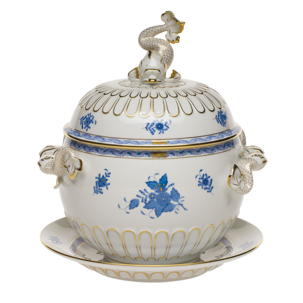 Herend Chinese Bouquet Blue Tureen & Platter (4 Qt) 12.25"h - Blue