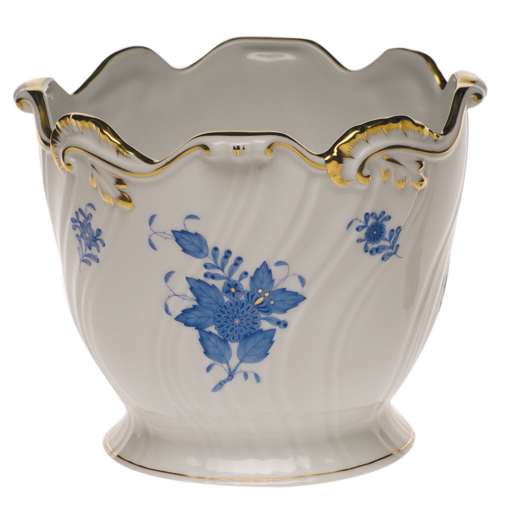 Herend Chinese Bouquet Blue Ribbed Cachepot 6.25"h X 7"d - Blue