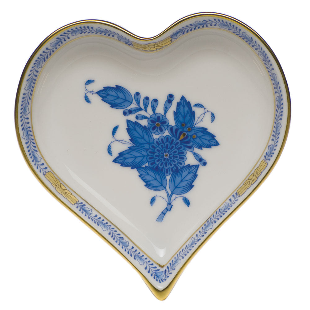 Herend Chinese Bouquet Blue Small Heart Tray 4"l X 4"w - Blue