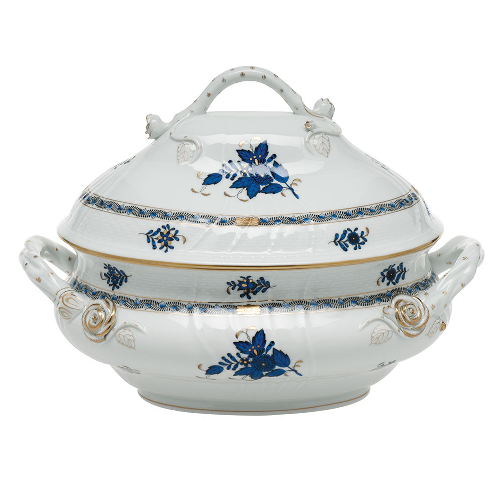 Herend Chinese Bqt Black Sapphire Tureen W/branch Handles (4 Qt) 10"h - Black Sapphire