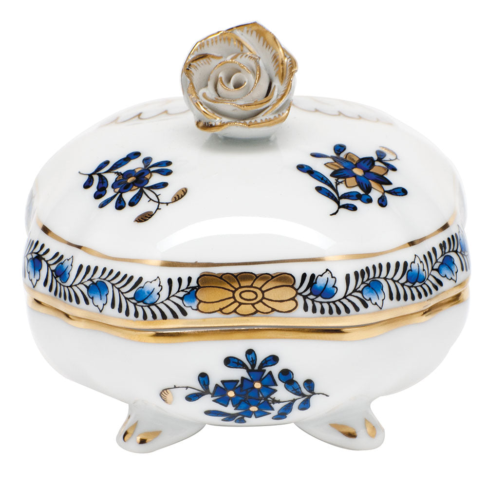 Herend Chinese Bqt Black Sapphire Cov Bonbon W/rose 3"sq - Black Sapphire