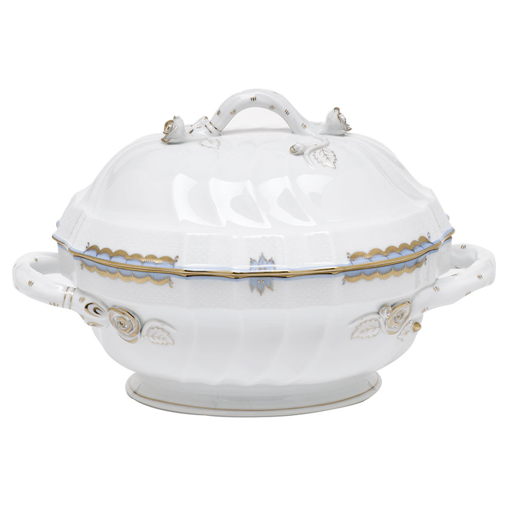 Herend Princess Vict Light Blue Tureen W/branch (2 Qt) 9.5"h - Light Blue