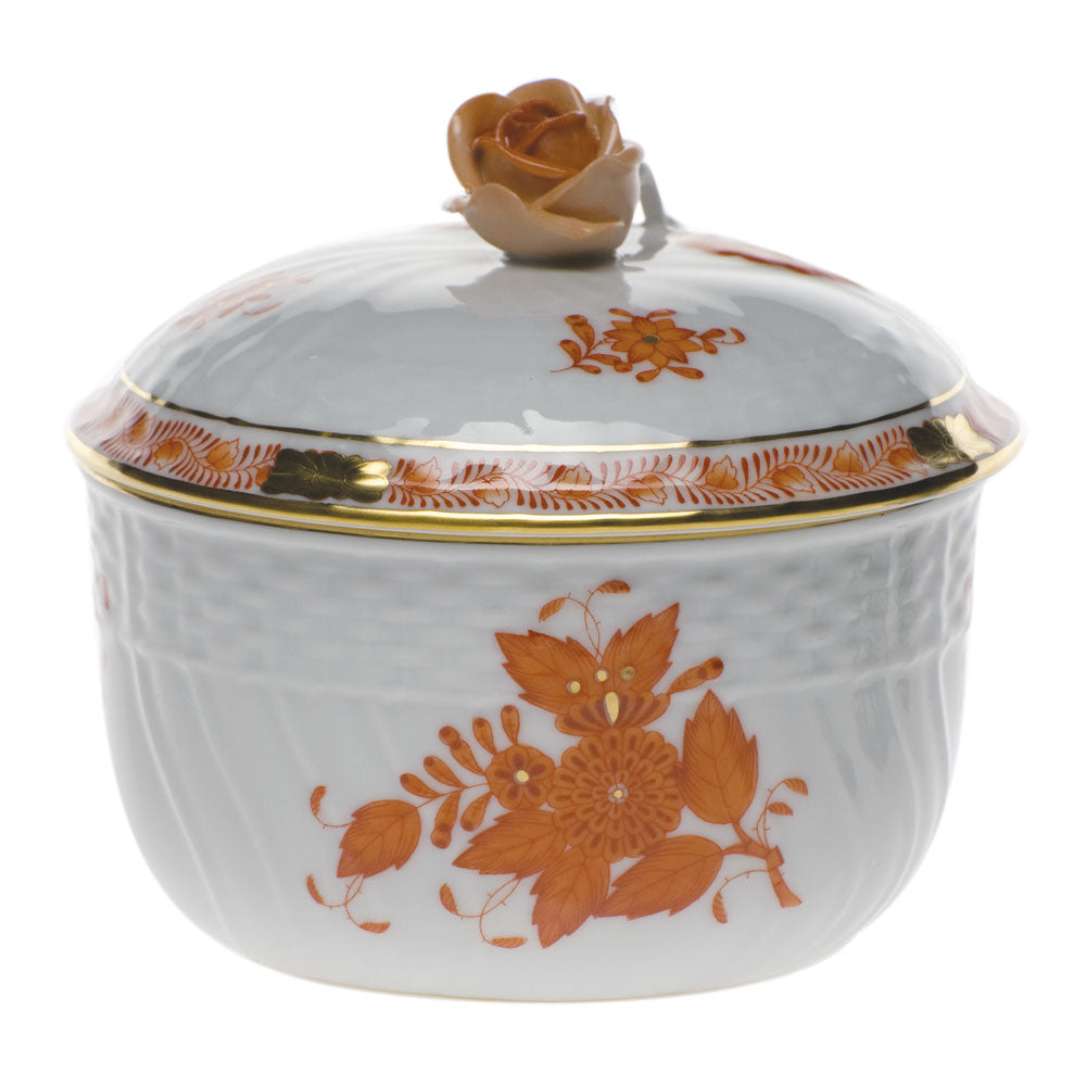 Herend Chinese Bouquet Rust Cov Sugar W/rose (10 Oz) 4"h - Rust