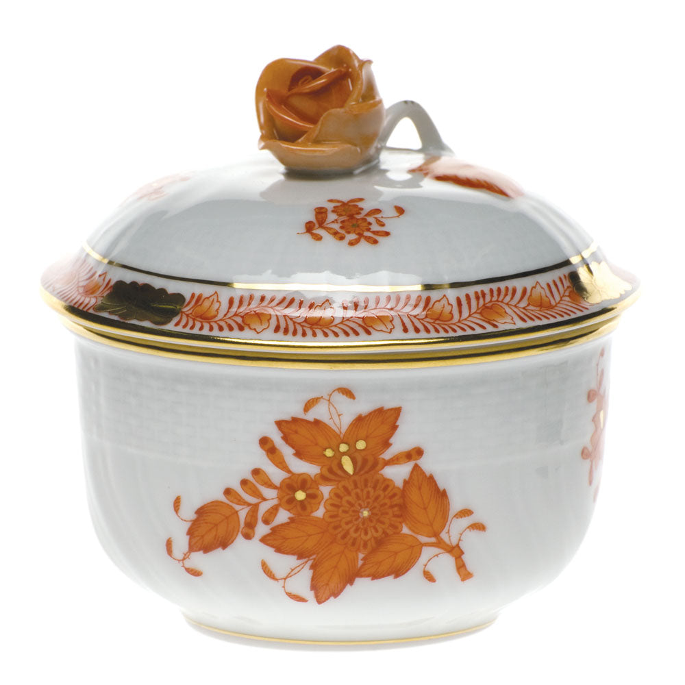 Herend Chinese Bouquet Rust Cov Sugar W/rose (4 Oz) 3.25"h - Rust