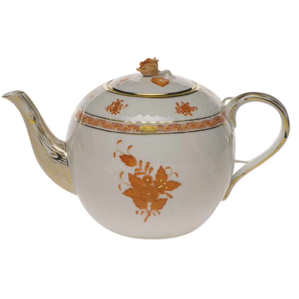 Herend Chinese Bouquet Rust Tea Pot W/rose (60 Oz) 6.5"h - Rust