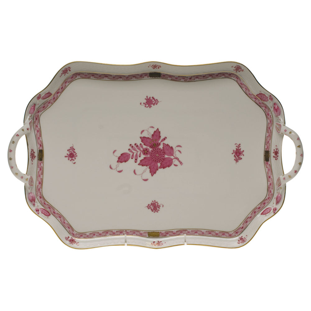 Herend Chinese Bouquet Raspberry Rec Tray W/branch Handles 18"l - Raspberry