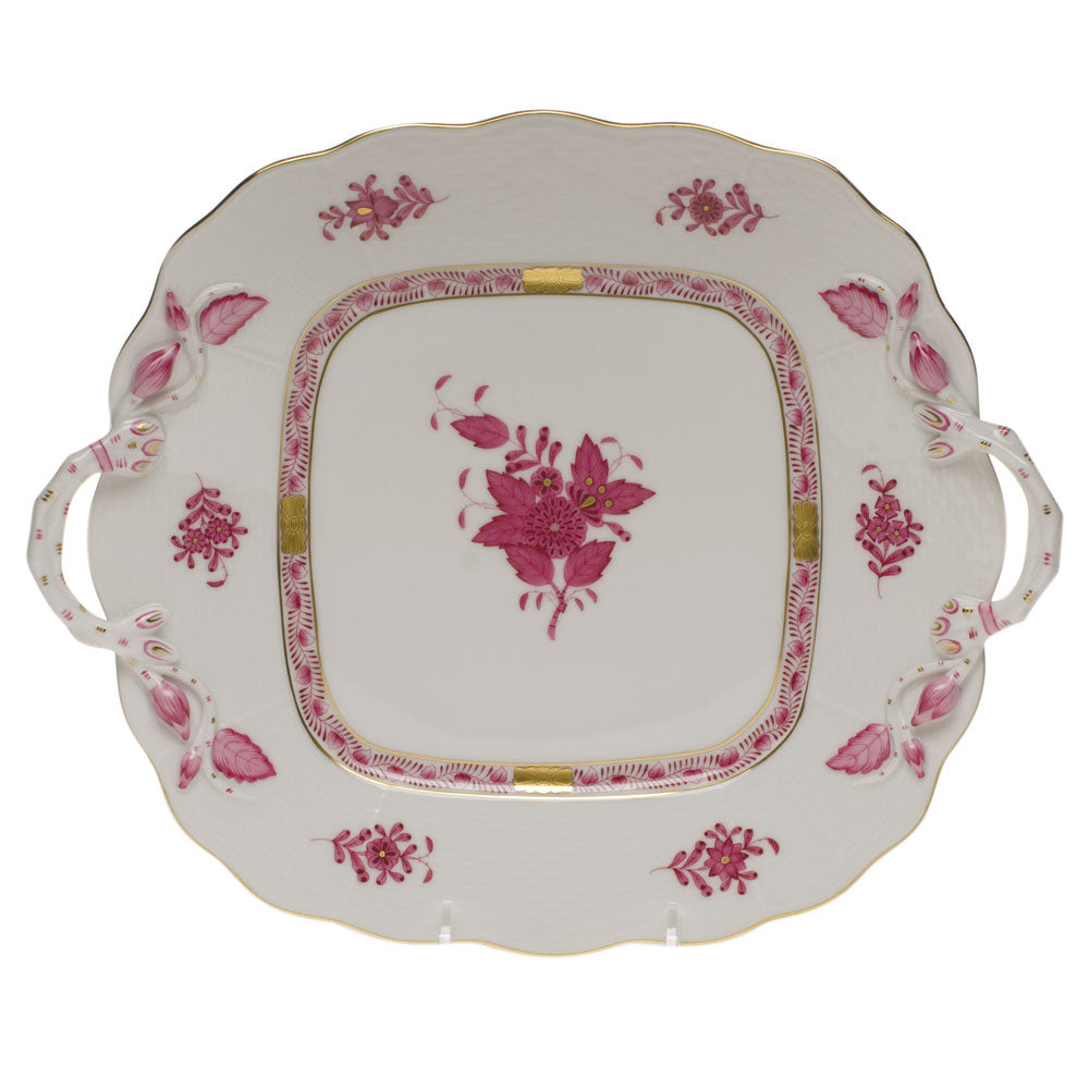 Herend Chinese Bouquet Raspberry Square Cake Plate W/handles 9.5"sq - Raspberry