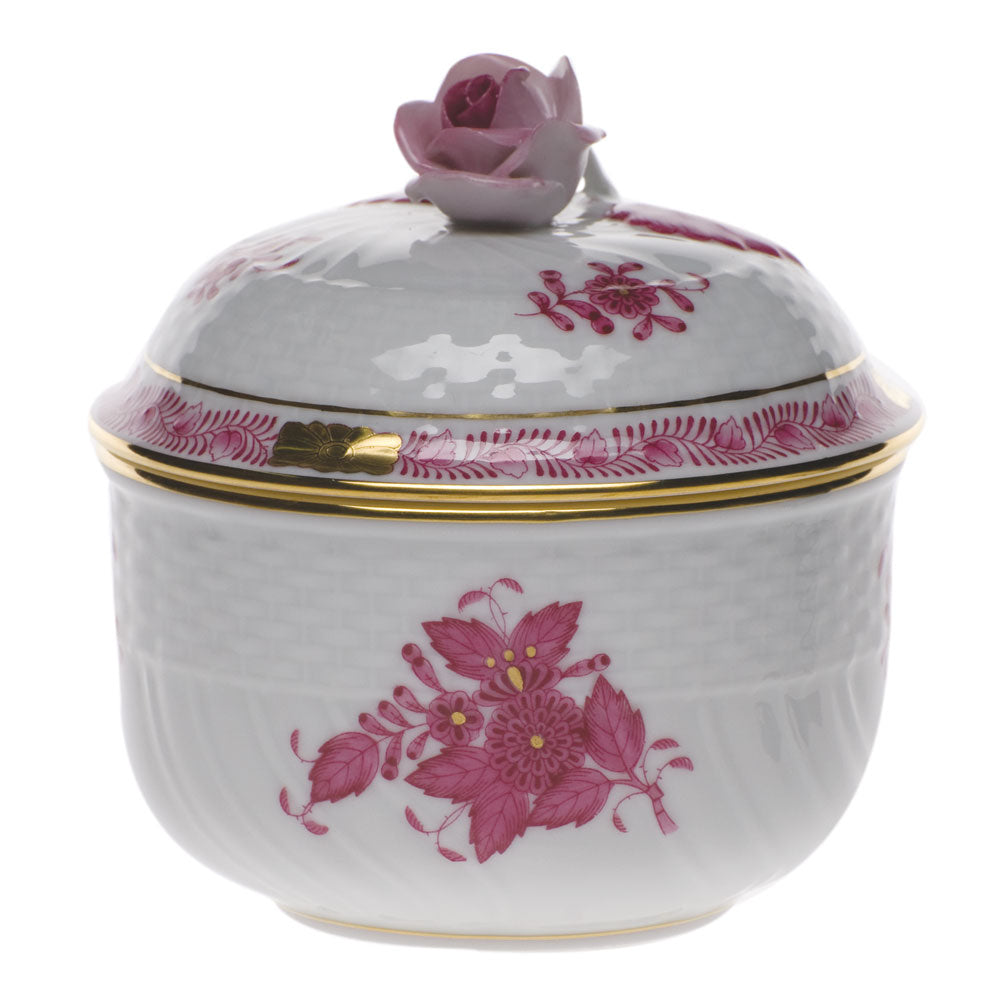 Herend Chinese Bouquet Raspberry Cov Sugar W/rose (6 Oz) 4"h - Raspberry