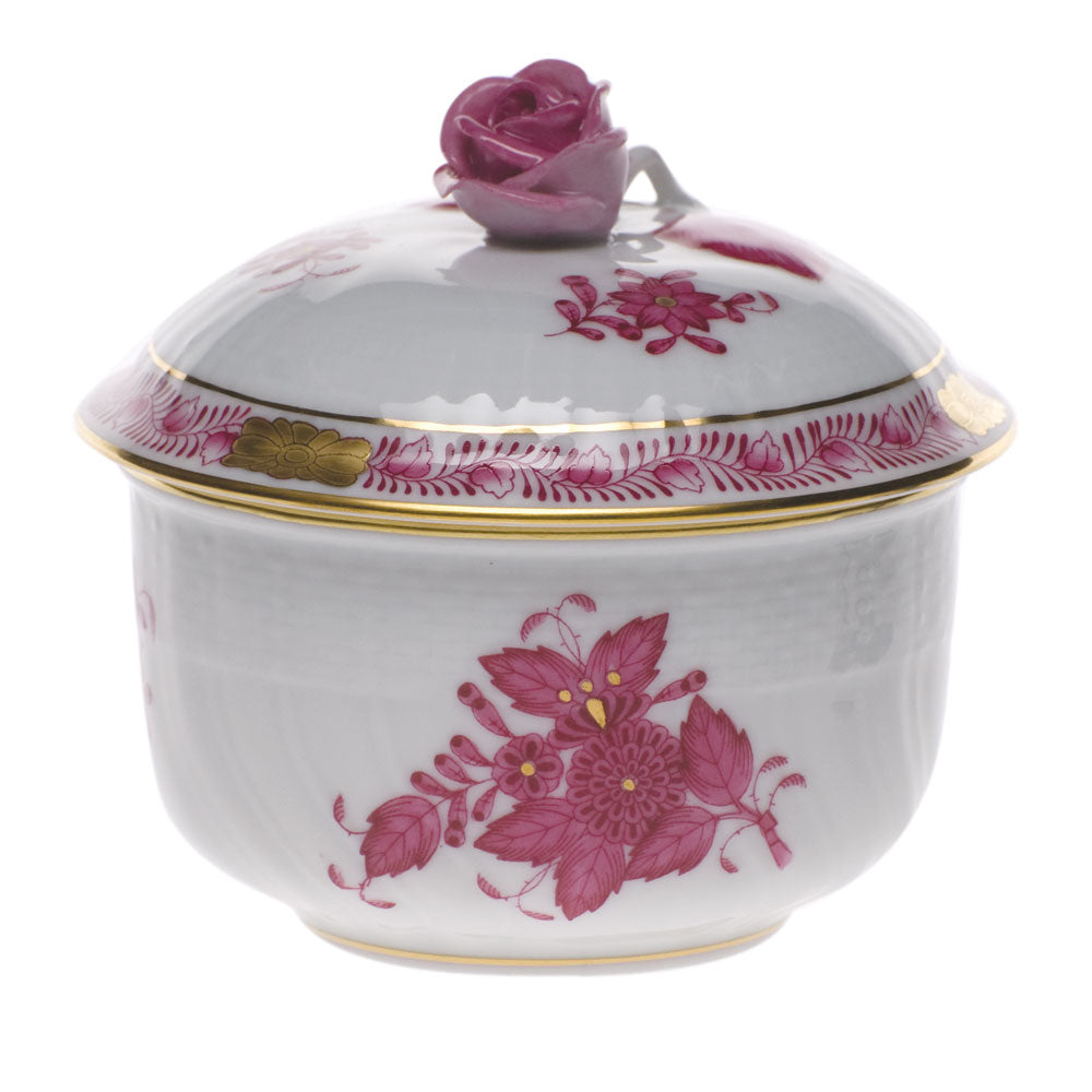 Herend Chinese Bouquet Raspberry Cov Sugar W/rose (4 Oz) 3.25"h - Raspberry
