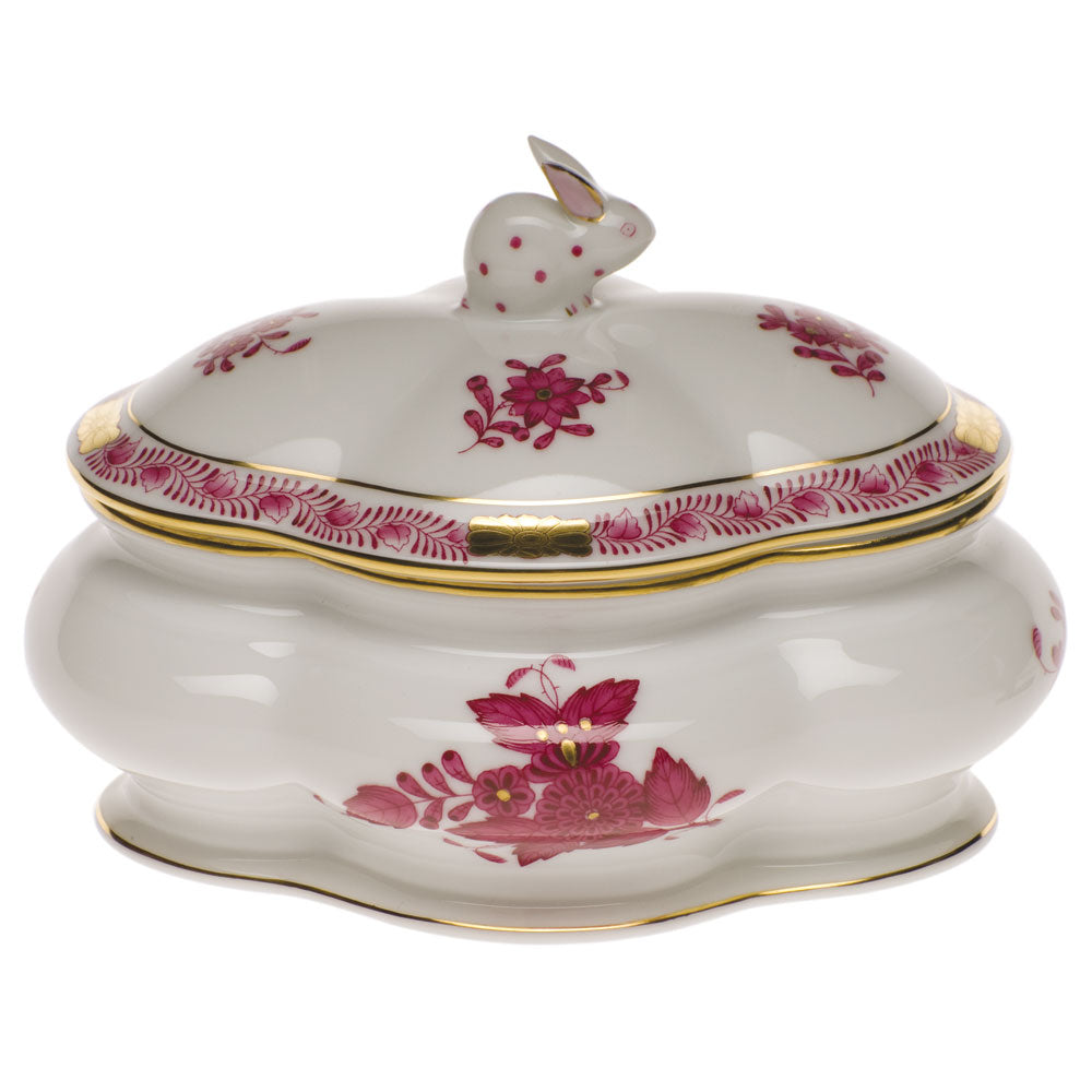 Herend Chinese Bouquet Raspberry Cov Bonbon W/bunny 5"l X 4"h - Raspberry