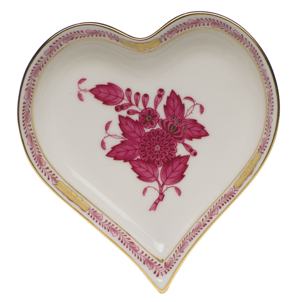 Herend Chinese Bouquet Raspberry Small Heart Tray 4"l X 4"w - Raspberry