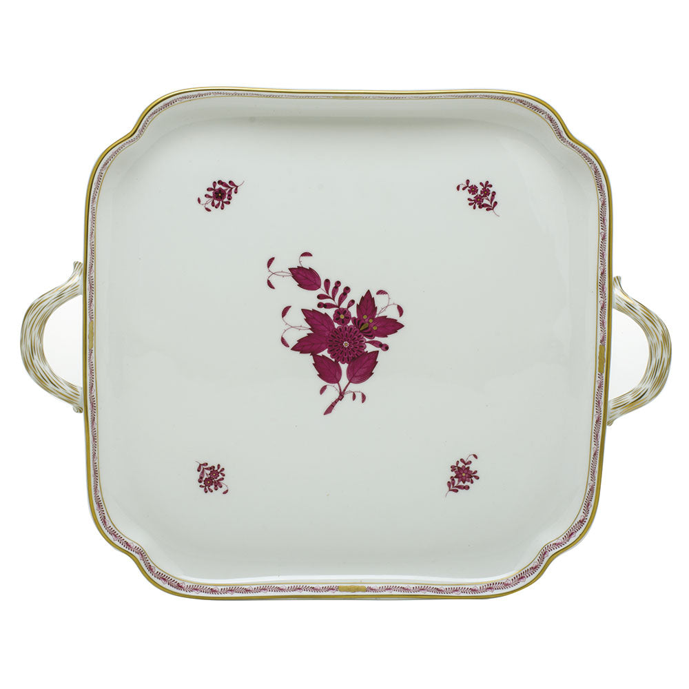 Herend Chinese Bouquet Raspberry Square Tray W/handles 12.75"l X 12.75"w