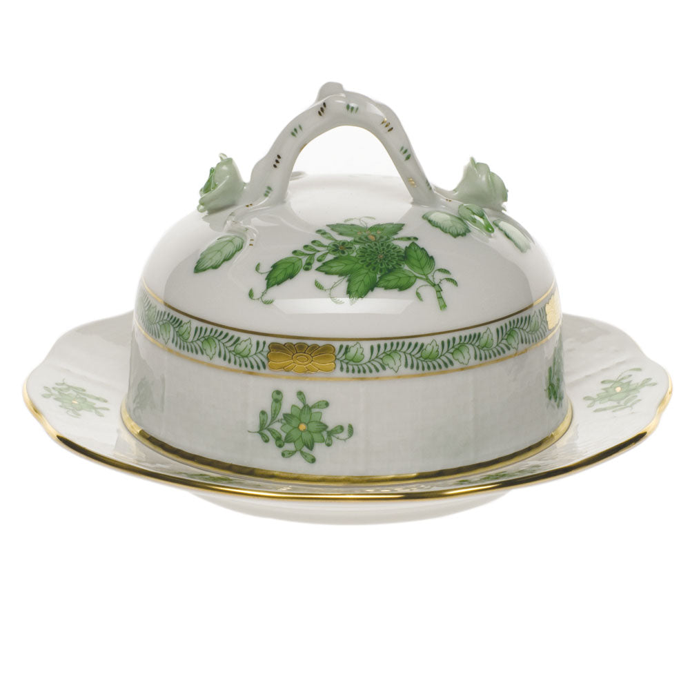 Herend Chinese Bouquet Green Cov Butter Dish 6"d 3.5"h - Green