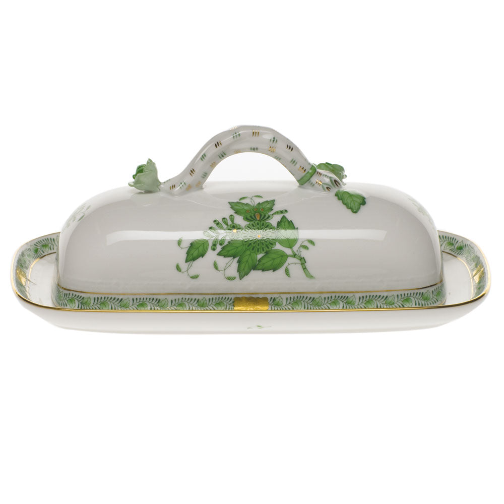 Herend Chinese Bouquet Green Butter Dish W/branch 8.5"l - Green