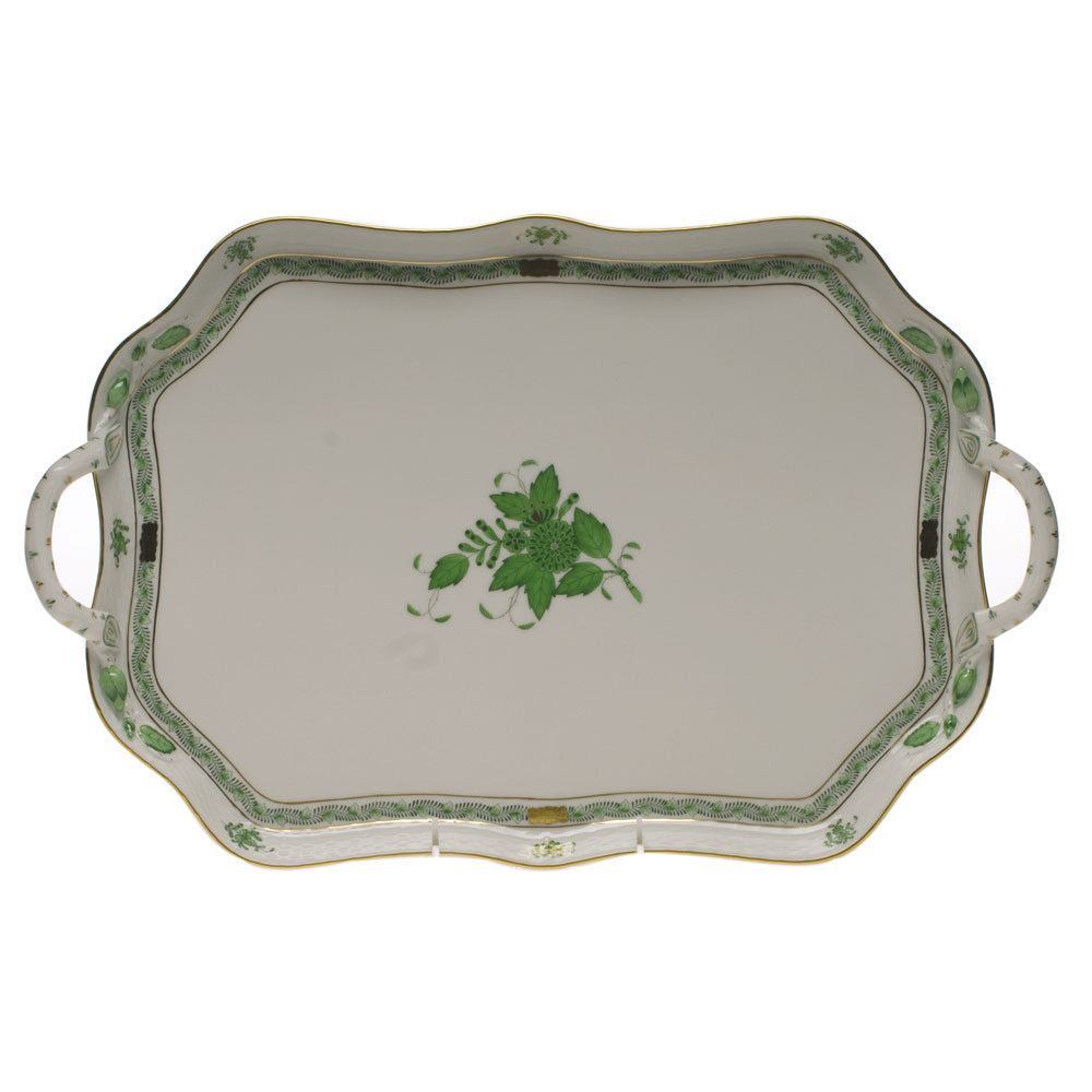 Herend Chinese Bouquet Green Rec Tray W/branch Handles 18"l - Green