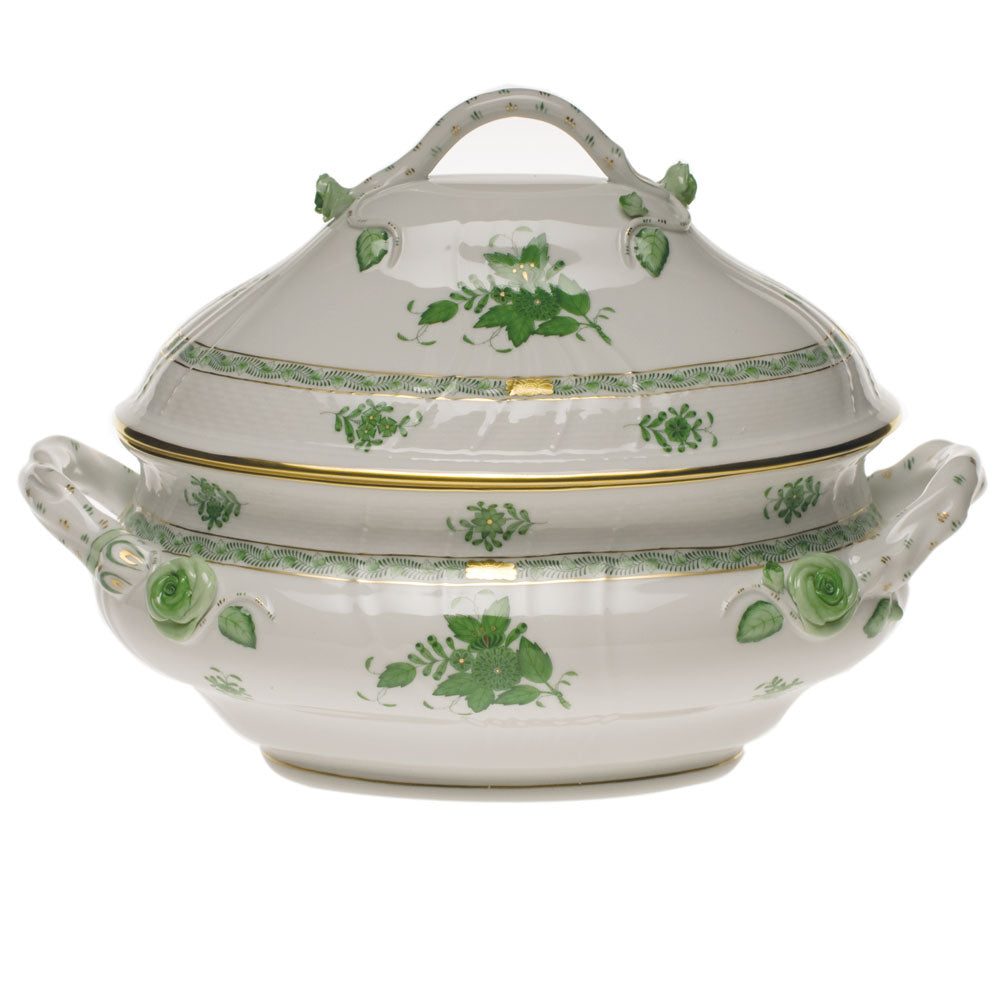 Herend Chinese Bouquet Green Tureen W/branch (4 Qt) 10"h - Green