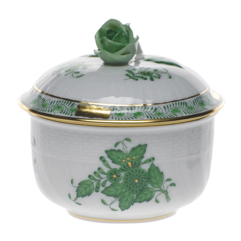Herend Chinese Bouquet Green Cov Sugar W/rose (4 Oz) 3.25"h - Green