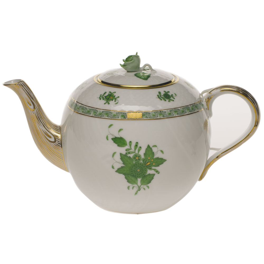 Herend Chinese Bouquet Green Tea Pot W/rose (60 Oz) 6.5"h - Green
