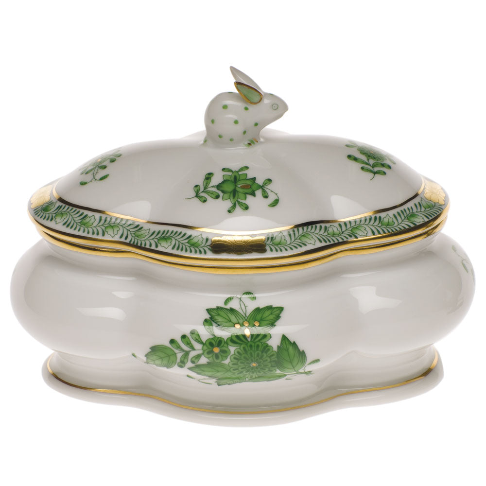 Herend Chinese Bouquet Green Cov Bonbon W/bunny 5"l X 4"h - Green