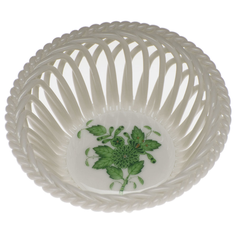 Herend Chinese Bouquet Green Small Openwork Basket 3.75"d - Green