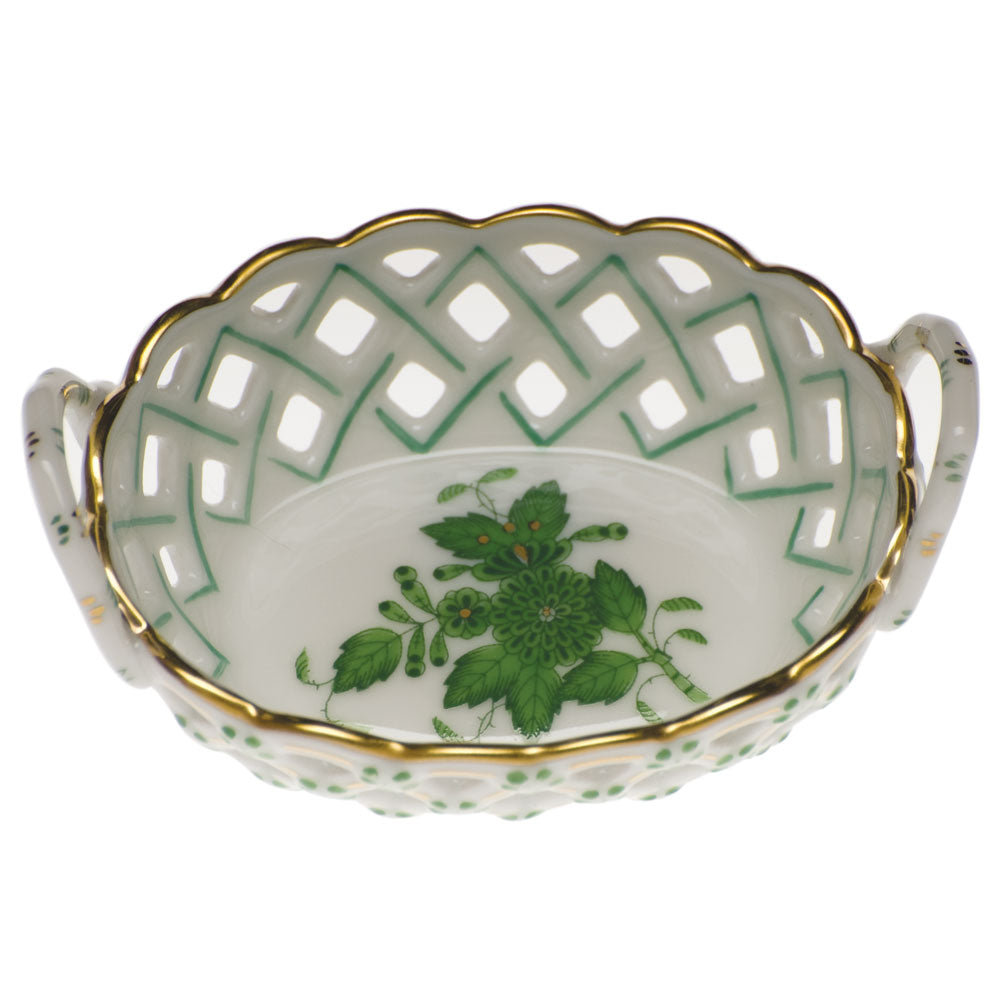 Herend Chinese Bouquet Green Sm Openwork Basket W/handles 3.5"l X 2.5"w - Green