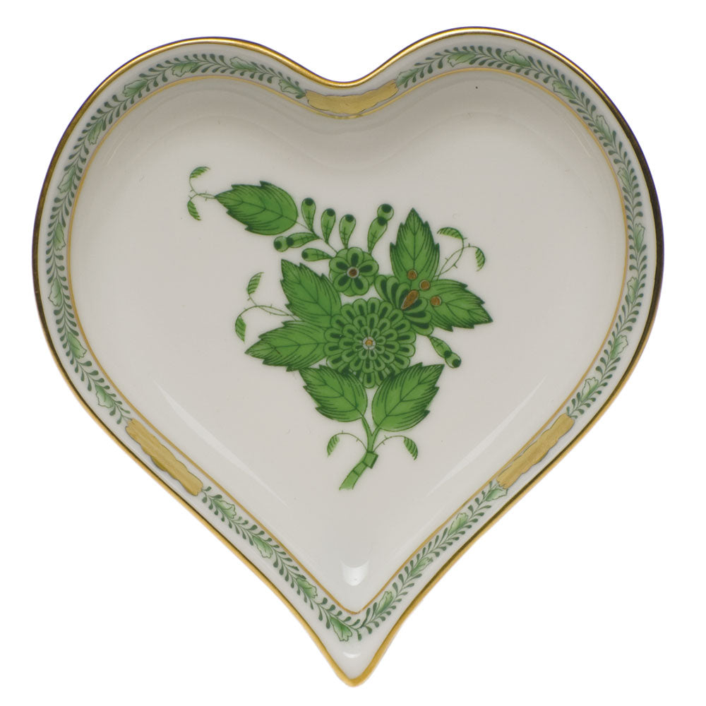 Herend Chinese Bouquet Green Small Heart Tray 4"l X 4"w - Green