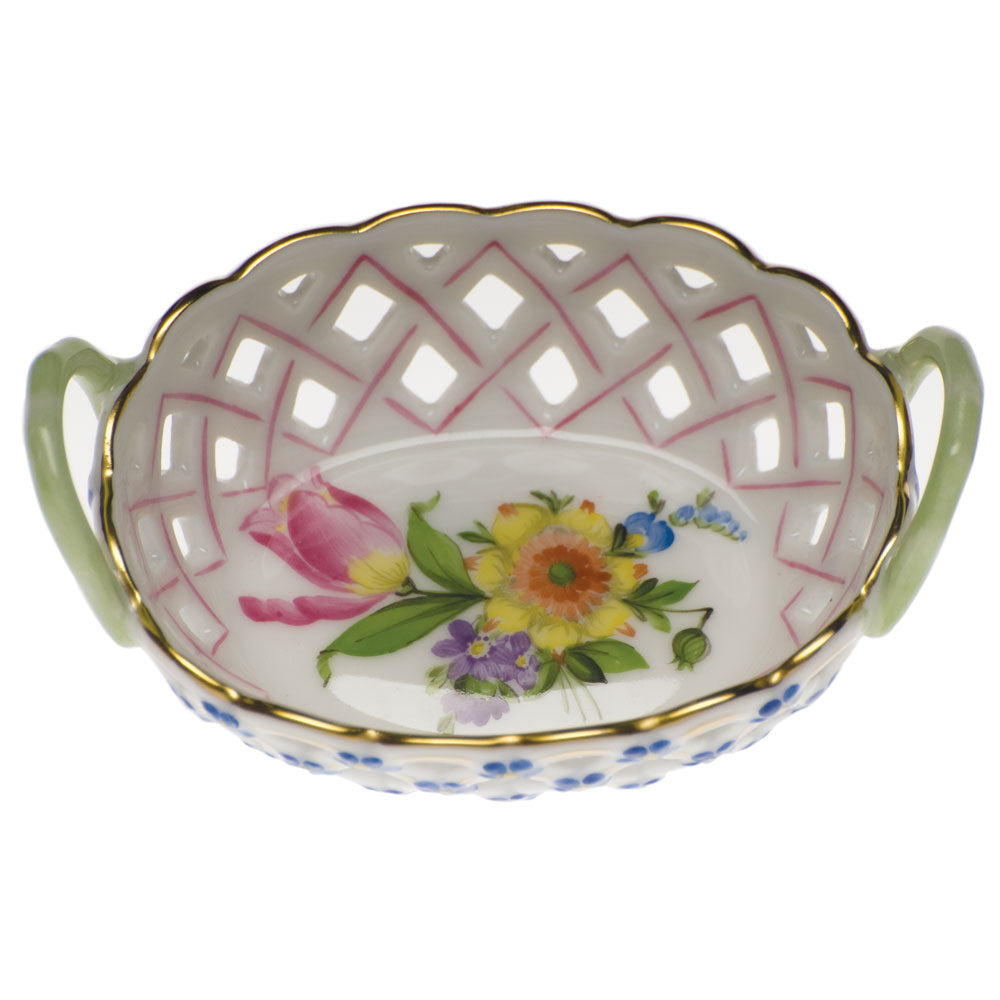 Herend Printemps Sm Openwork Basket W/handles 3.5"l X 2.5"w