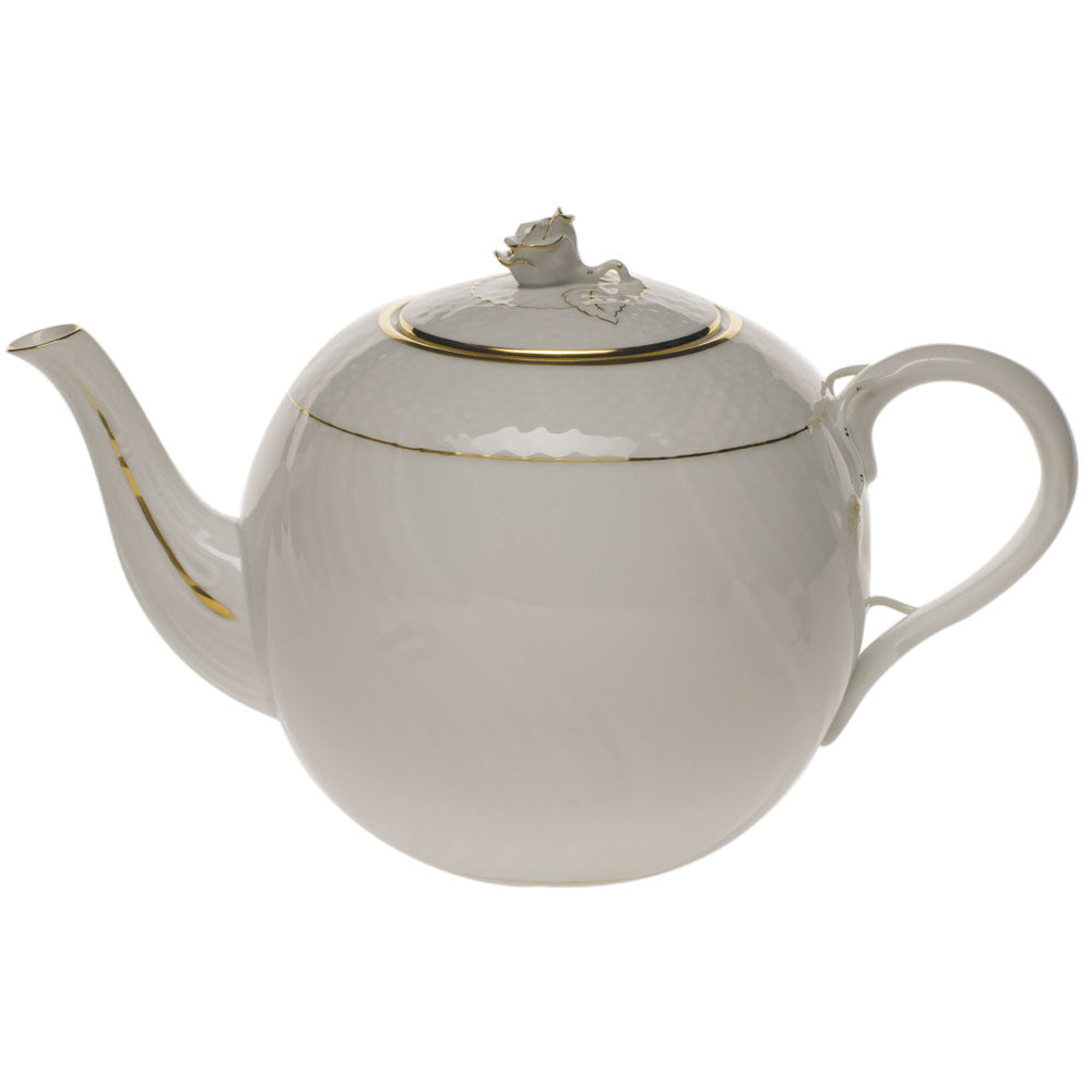 Herend Golden Edge Tea Pot W/rose (60 Oz) 6.5"h