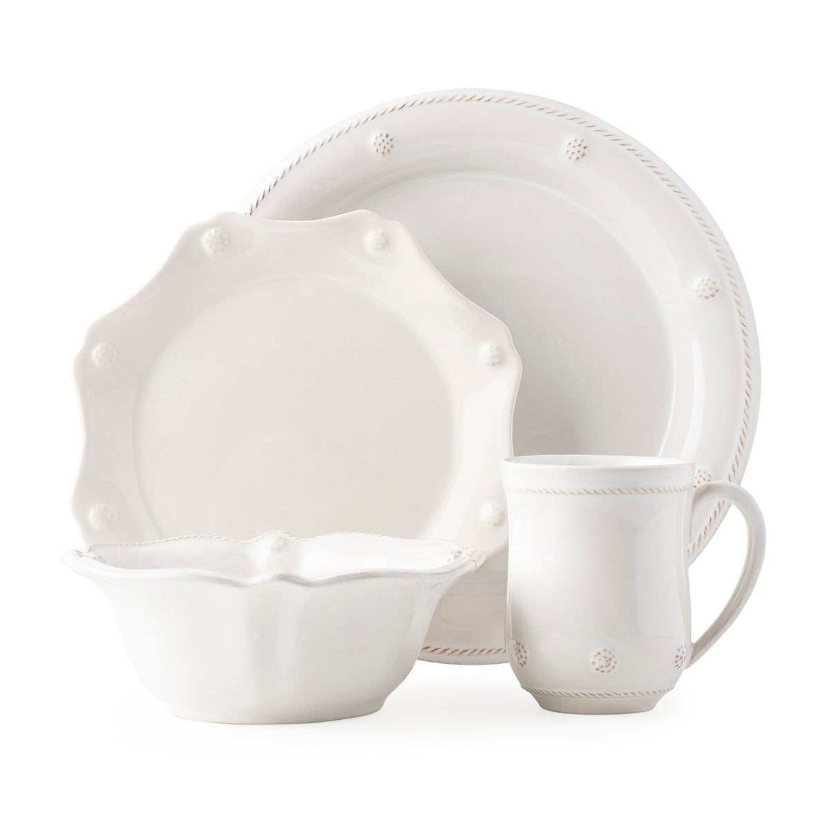 Juliska Berry & Thread Whitewash 4pc Place Setting (with Mug & Cereal) (JDR/W, JDSS/W, JA07/W, JA06/W)